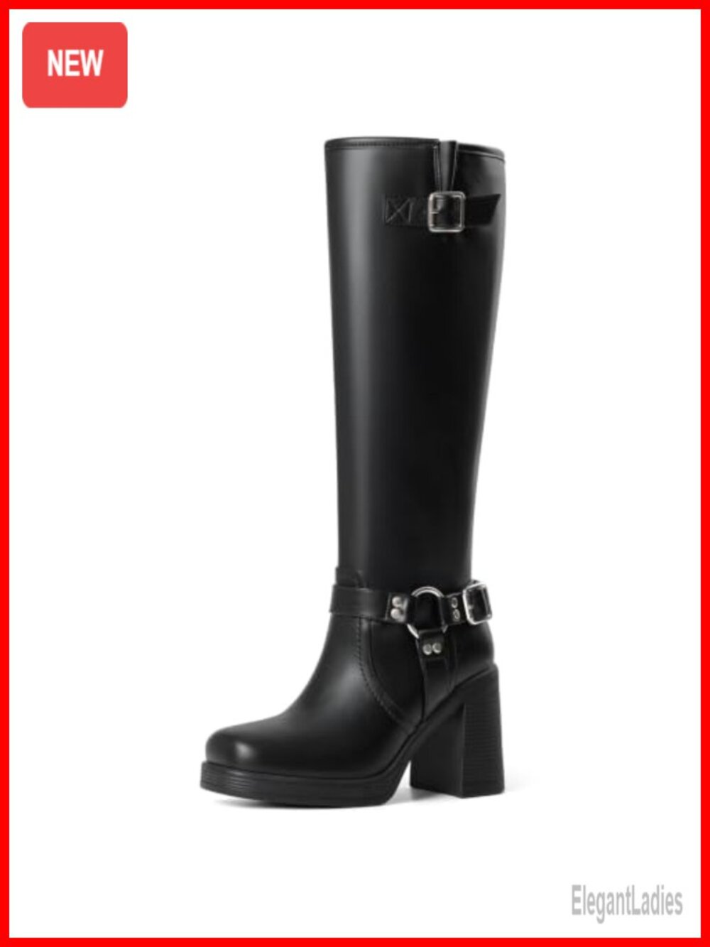 Knee High Boots Square Toe Chunky Heel Side Zip Women's Fashion